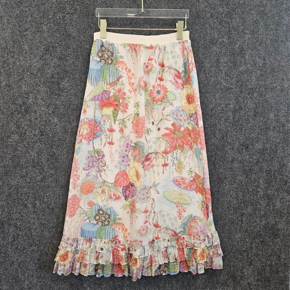 Watercolor Botanical Floral Ruffle Midi Skirt – Multicolor Romantic Boho